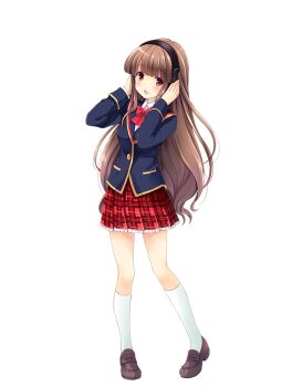 1girl arisugawa_saeko bow bowtie brown_eyes brown_hair brown_shoes full_body girlfriend_(kari) headphones jacket kneehighs loafers long_hair looking_at_viewer miniskirt official_art open_mouth plaid_clothes plaid_skirt pleated_skirt qp:flapper red_bow red_bowtie red_skirt school_uniform shirt shoes simple_background skirt smile socks solo standing thighs transparent_background white_shirt white_socks