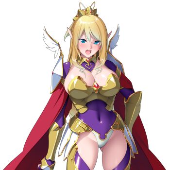 Rule 34 | 1girl, armor, bikini armor, blonde hair, blue eyes, blush, breastplate, breasts, cape, cleavage, covered navel, cowboy shot, elf, faulds, fingerless gloves, game cg, gloves, gluteal fold, gradient hair, hand on own hip, highres, holding, large breasts, large variant set, leotard, long hair, looking at viewer, lunatic knight, magical girl, multicolored hair, nanao (mahaya), non-web source, ochite iku seisenshi lunatic angels, official art, open mouth, pauldrons, pointy ears, ponytail, red cape, shindo kuriko, shiny skin, shoulder armor, simple background, solo, standing, teeth, thighhighs, transparent background, vambraces, variant set
