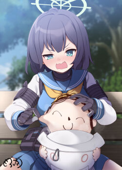 1boy 1girl angry aqua_eyes bench black_gloves blue_archive blue_sailor_collar blue_shirt blue_skirt blurry blurry_background blush cheek_pinching commentary_request doodle_sensei_(blue_archive) gloves green_halo halo helmet holding holding_unworn_helmet long_sleeves medium_hair miniskirt mofu_namako neckerchief on_bench open_mouth park_bench pinching pleated_skirt pouch purple_hair sailor_collar saki_(blue_archive) sensei_(blue_archive) shirt sitting skirt unworn_headwear unworn_helmet v-shaped_eyebrows yellow_neckerchief