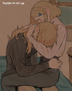 1boy 1girl absurdres artist_name black_sweater blonde_hair braid closed_eyes couple crown_braid crying earrings english_text hair_ornament hairclip hand_on_another&#039;s_waist hands_on_another&#039;s_neck hetero highres jewelry link long_hair neck nightstand nintendo pants pointy_ears princess_zelda pyonteo sad scar scratches sidelocks sitting sitting_on_lap sitting_on_object sitting_on_person sweater tears the_legend_of_zelda the_legend_of_zelda:_tears_of_the_kingdom turtleneck turtleneck_sweater upper_body window