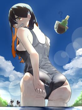 1boy 2girls ? adjusting_clothes adjusting_swimsuit age_difference arm_behind_back armpits ass ass_focus azumarill back black_hair blush breasts brother_and_sister cameltoe carmine_(pokemon) clenched_hands clenched_teeth colored_inner_hair crossed_bangs day embarrassed eyelashes fang female_focus fingernails floating bad_tag from_behind gen_2_pokemon gen_9_pokemon hair_between_eyes hairband highres huge_ass juliana_(pokemon) kieran_(pokemon) lake legs long_hair looking_back medium_breasts mole mole_under_eye multicolored_hair multiple_girls nature neck nintendo one-piece_swimsuit outdoors pale_skin parted_lips partially_submerged pokemon pokemon_sv politoed poltchageist red_hair school_swimsuit shion_(fkfdztu7hzsep1f) shoulder_blades siblings sideboob sidelocks size_difference skin_tight sky swimsuit teeth thighs turning_head two-tone_hair unworn_hairband wavy_hair yellow_eyes