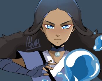1girl andorudw arm_wrap avatar_legends beads blue_eyes choker closed_mouth commentary dark-skinned_female dark_skin hair_beads hair_ornament katara long_hair looking_at_viewer signature solo unfinished upper_body water
