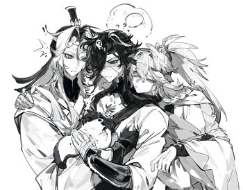 Rule 34 | 3boys, ?, absurdres, animal, asymmetrical bangs, bandaged arm, bandages, bird, braid, chicken, chinese clothes, closed mouth, egg, embarrassed, eyelashes, ge ge yu, greyscale, hair intakes, headband, high ponytail, highres, long hair, looking at another, mole, mole under eye, mole under mouth, monochrome, multicolored hair, multiple boys, one eye covered, original, parted bangs, parted lips, ponytail, scar, scar on face, sidelocks, streaked hair, upper body