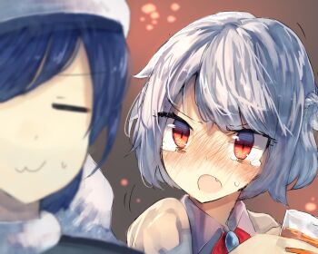 2girls :3 alcohol bad_id bad_twitter_id beer blue_hair blurry brooch closed_eyes cup depth_of_field doremy_sweet drinking_glass drunk fang hat highres jewelry kishin_sagume light_particles looking_at_another multiple_girls nightcap open_mouth red_eyes short_hair silver_hair squeans suminagashi sweatdrop tearing_up tipsy touhou
