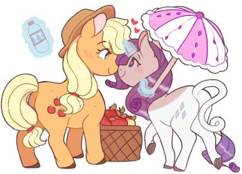 animal animal_couple animal_focus apple applejack blonde_hair blush bottle brown_hat commentary couple cowboy_hat cutie_mark doekis english_commentary food freckles from_behind fruit full_body glowing hat heart hooves long_hair low-tied_long_hair magic my_little_pony my_little_pony:_friendship_is_magic no_humans noses_touching pony_(animal) purple_hair rarity_(my_little_pony) simple_background smile sweat umbrella unicorn water_bottle white_background