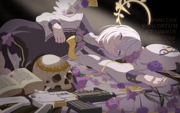 1girl azusa_(blue_archive) backlighting bible_verse black_background black_dress black_sailor_collar blue_archive book commentary crescent_halo crossed_bangs crown_of_thorns dress eyelashes eyes_visible_through_hair feathered_wings feet_out_of_frame flower frilled_dress frills gun hair_between_eyes hair_flower hair_ornament halo highres iwaaiso5040 lace-trimmed_sailor_collar latin_text long_hair long_sleeves looking_at_viewer lying on_side open_book open_clothes open_shirt parted_lips peroro_(blue_archive) pink_flower pink_rose purple_eyes purple_flower rose sailor_collar school_uniform serafuku shirt simple_background skull solo stuffed_animal stuffed_bird stuffed_toy weapon white_hair white_shirt white_wings wings yellow_halo