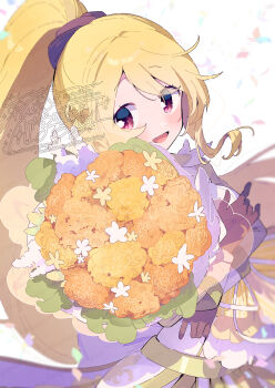 1girl black_gloves blonde_hair bouquet bow braid brown_sleeves commentary_request confetti cowboy_shot crossed_arms dress eyelashes eyes_visible_through_hair flower gloves highres holding holding_bouquet leaf long_hair long_sleeves magia_record:_mahou_shoujo_madoka_magica_gaiden magical_girl mahou_shoujo_madoka_magica marigold open_mouth orange_flower ponytail ponytail_holder red_eyes ribbon serizawa_serizane side_braid single_braid smile solo striped_bow togame_momoko twitter_username very_long_hair waist_bow waist_ribbon wavy_hair white_background white_dress white_flower white_ribbon white_wrist_cuffs wrist_cuffs yellow_bow yellow_flower