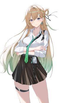 1girl absurdres black_shirt blonde_hair blue_eyes braid braided_bangs breasts closed_mouth commentary earrings gradient_hair green_necktie hair_ornament highres id_card jewelry large_breasts long_hair looking_at_viewer lynae_(wuthering_waves) multicolored_hair necklace necktie shirt shirt_tucked_in sifffl simple_background skull_hair_ornament solo star_(symbol) star_earrings streaked_hair thigh_strap thighs very_long_hair white_background white_shirt wuthering_waves