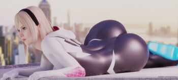 3d ass ballet_slippers blonde_hair bodysuit gwen_stacy hairband huge_ass marvel mavixtious outdoors skin_tight skin_tight skin_tight spider-gwen spider-man_(series)