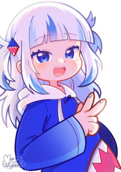 1girl :d absurdres artist_name ben-day_dots blue_eyes blue_hoodie blue_nails blue_streaks blunt_bangs blush commentary english_commentary fingernails gawr_gura gawr_gura_(1st_costume) grey_hair hair_ornament hand_up highres hololive hololive_english hood hood_down hoodie inward_w long_hair long_sleeves looking_at_viewer marikyuunn multicolored_hair nail_polish open_mouth print_hoodie screentones shark_girl shark_hair_ornament shark_print sharp_teeth signature simple_background smile solo streaked_hair teeth two-tone_hair two_side_up upper_body upper_teeth_only virtual_youtuber w white_background wide_sleeves