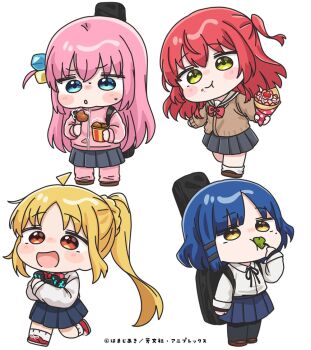 4girls :t ahoge black_pantyhose black_ribbon black_skirt blonde_hair blowing_on_food blue_eyes blue_hair blue_skirt bocchi_the_rock! bow brown_cardigan brown_eyes brown_shoes cardigan chibi chicken_(food) closed_mouth clover collared_shirt commentary_request crepe cube_hair_ornament dress_shirt food food_on_face four-leaf_clover gotoh_hitori green_eyes hair_ornament holding holding_food hugging_object ijichi_nijika instrument_case jacket kita_ikuyo long_sleeves mochimiko multiple_girls neck_ribbon official_art one_side_up pants pants_under_skirt pantyhose parted_lips pink_hair pink_jacket pink_pants pleated_skirt puffy_long_sleeves puffy_sleeves red_bow red_eyes red_hair red_shoes ribbon sailor_collar school_uniform serafuku shirt shoes side_ponytail simple_background skirt socks track_jacket track_pants track_suit white_background white_sailor_collar white_socks yamada_ryo