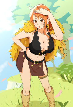 1girl absurdres belt belt_buckle blue_sky blush breasts brown_eyes brown_loincloth buckle capelet cleavage cloud cloudy_sky commentary crop_top earrings falling_petals feet_out_of_frame fur_capelet fur_leg_warmers grass hand_on_own_hip hand_up highres jewelry knees large_breasts leg_warmers loincloth long_hair looking_at_viewer midriff nami_(one_piece) navel official_alternate_costume official_alternate_hairstyle one_piece open_mouth orange_hair outdoors pearl_earrings petals pink_petals ree_(ree1010i) sidelocks sky solo standing thigh_strap tree yellow_capelet