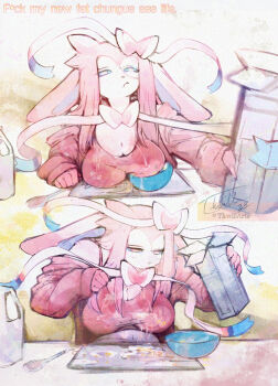 1girl :< adversarial_noise animal_ears animal_nose arm_up artist_name blue_sclera body_fur bow bowl box breasts censored censored_text cereal cereal_box claws cleavage closed_mouth colored_sclera crop_top dated drink_carton english_text failure fang female_focus furry furry_female gen_6_pokemon hair_between_eyes hair_bow hair_ribbon half-closed_eyes highres holding holding_box holding_milk_carton jacket large_breasts long_hair long_sleeves looking_down milk milk_carton multiple_views navel nintendo off_shoulder open_clothes open_jacket pink_bow pink_fur pink_hair pink_jacket pink_shirt pokemon pokemon_(creature) profanity ribbon sequential shirt sidelocks signature single_bare_shoulder skin_fang sleeveless sleeveless_shirt spill spoon sylveon thwillartz two-tone_fur upper_body vince_(thwillartz) wet wet_clothes wet_shirt white_eyes white_fur white_ribbon