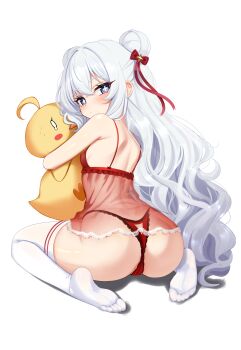 1girl :/ absurdres ass azur_lane babydoll blue_eyes blush bow breasts closed_mouth commentary cross-shaped_pupils double_bun feet from_behind grey_hair hair_bow hair_bun highleg highleg_panties highres kiari_art le_malin_(azur_lane) loli long_hair looking_at_viewer looking_back manjuu_(azur_lane) nipples no_shoes panties red_babydoll red_bow red_panties see-through_clothes seiza simple_background sitting small_breasts soles solo symbol-shaped_pupils thighhighs thong toes underwear very_long_hair white_background white_thighhighs