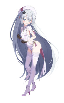 Rule 34 | 1girl, black gloves, blue eyes, breasts, china dress, chinese clothes, commentary request, coronis (springseek) (stella sora), coronis (stella sora), coronis (stella sora) (cosplay), cosplay, dress, female tyrant (stella sora), full body, gloves, grey hair, hair ornament, hat, high heels, highres, long hair, looking at viewer, open mouth, pointy ears, shoes, sideboob, small breasts, solo, stella sora, tabibito (pew cpotty), tassel, tyrant (stella sora), white dress, white hat, white shoes