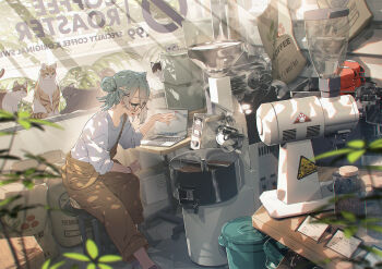 1girl :d animal animal_ear_fluff animal_ears aqua_eyes aqua_hair bag black-framed_eyewear black_cat blender_(object) blush bright_pupils brown_overalls bucket cat chromatic_aberration coffee_beans coffee_grinder commentary_request computer cup desk film_grain foot_out_of_frame glasses hair_bun hair_ornament hand_up highres hoji_(hooooooooji1029) indoors jar laptop lever light_rays long_bangs long_sleeves looking_down open_mouth original overalls pants pants_rolled_up round_eyewear seed_bag shirt short_hair sidelocks sideways_mouth sign single_side_bun sleeves_pushed_up smile solo stool strap_slip table tile_floor tiles valve white_cat white_pupils white_shirt window wooden_table wristband x_hair_ornament