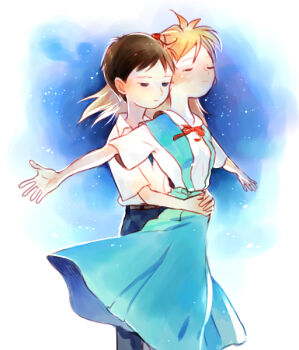 Rule 34 | 1boy, 1girl, arms around waist, bad id, bad pixiv id, blue dress, blue eyes, blue pants, brown hair, closed eyes, dress, hetero, hug, hug from behind, ikari shinji, kuzuvine, neon genesis evangelion, night, orange hair, outstretched arms, pale skin, pants, parody, red ribbon, ribbon, scene reference, school uniform, shirt, sky, souryuu asuka langley, spread arms, stars, titanic (movie), white shirt