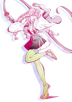 1girl belt black_jacket black_skirt braid breasts cleavage closed_eyes dancing demon_slayer_uniform full_body green_thighhighs haori highres holding holding_weapon jacket japanese_clothes kanroji_mitsuri kimetsu_no_yaiba light_blush long_hair medium_breasts mole mole_under_each_eye mole_under_eye multiple_braids multiple_moles open_clothes open_jacket open_mouth open_shirt pi_(namakurichan) pink_hair pleated_skirt plunging_neckline ribbed_thighhighs sandals shirt skirt smile solo tabi thighhighs weapon white_background white_belt white_haori white_shirt zettai_ryouiki