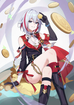 Rule 34 | absurdres, belt, black boots, boots, breasts, chinese commentary, coin, colored inner hair, commentary request, crossed legs, detached sleeves, elbow gloves, gloves, highres, honkai: star rail, honkai (series), large breasts, multicolored hair, purple eyes, red hair, short hair, sitting, smile, topaz (honkai: star rail), white hair, wudongyouyi