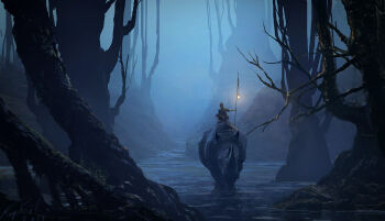 1boy animal bare_tree branch commentary english_commentary facing_viewer fog highres landscape lantern night original outdoors painterly plant_roots raphael-lacoste rhinoceros riding riding_animal scenery signature tree water wetland