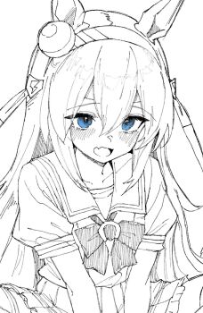 Rule 34 | 1girl, animal ears, blue eyes, blush, bow, ear bow, ear covers, ear ornament, fang, hair between eyes, hairband, headband, highres, horse ears, horse girl, horse tail, kaiwan (kaiwan zhang), long hair, long sleeves, open mouth, partially colored, school uniform, shirt, smile, solo, striped clothes, striped hairband, tail, tamamo cross (umamusume), tracen school uniform, umamusume, very long hair