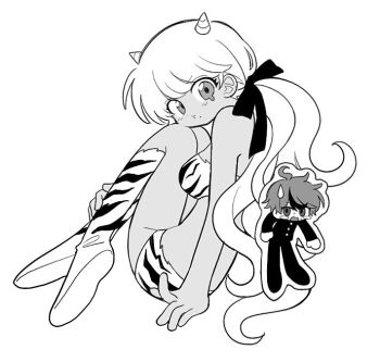 1boy 1girl alternate_costume blush_stickers buttons cosplay crossover gakuran greyscale hair_ribbon jacket kawana_tsubasa kndp087 lum lum_(cosplay) mole mole_under_eye monochrome moroboshi_ataru moroboshi_ataru_(cosplay) pout ribbon school_uniform simple_background sumino_takumi sweatdrop the_hundred_line_-last_defense_academy- urusei_yatsura