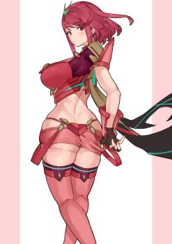 1girl absurdres ass black_gloves border breasts commentary_request cowboy_shot denim denim_shorts earrings fingerless_gloves from_behind gloves highres jewelry large_breasts pink_border pyra_(xenoblade) red_eyes red_hair red_shorts short_hair short_shorts shorts simple_background solo tiara white_background xenoblade_chronicles_(series) xenoblade_chronicles_2 yotsuha_uni