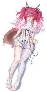 1girl absurdres bare_shoulders black_bow blush bodysuit bow breasts commentary_request covered_collarbone from_above gradient_hair green_eyes hair_between_eyes hair_bow hairband headgear highres large_breasts looking_at_viewer lupa_(wuthering_waves) metal_hairband multicolored_hair multiple_hair_bows navel nipples one_breast_out open_mouth pink_hair red_pupils simple_background sitting smile solo tacet_mark_(wuthering_waves) tail toes twintails vflhzx white_background white_bodysuit wolf_tail wuthering_waves