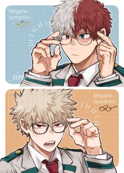 Rule 34 | 2boys, adjusting eyewear, bakugou katsuki, bespectacled, black-framed eyewear, black background, blazer, blonde hair, blue eyes, boku no hero academia, burn scar, closed mouth, collared shirt, commentary request, glasses, grey eyes, heterochromia, highres, jacket, looking at viewer, male focus, multicolored hair, multiple boys, necktie, nose pads, open mouth, red eyes, red hair, red necktie, salt - siomsb, scar, scar on face, shirt, short hair, spiked hair, split-color hair, todoroki shoto, two-tone hair, white hair, white shirt, yellow-framed eyewear
