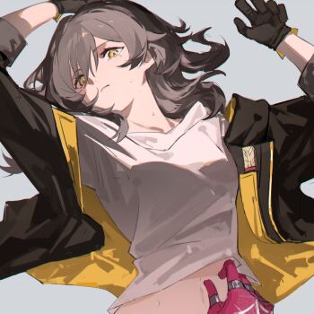 2girls black_gloves black_jacket clothes_lift commentary english_commentary gloves grey_background grey_hair hand_on_another&#039;s_stomach highres honkai:_star_rail honkai_(series) jacket kafka_(honkai:_star_rail) long_hair multiple_girls navel open_clothes open_jacket parted_lips purple_gloves shirt shirt_lift simple_background stelle_(honkai:_star_rail) sweat tears trailblazer_(honkai:_star_rail) white_shirt xianyuqihaouki yellow_eyes yuri