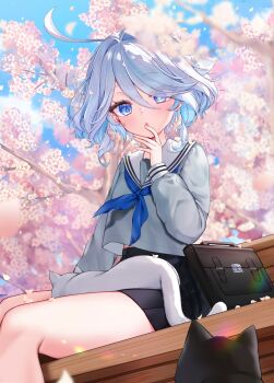 1girl :o absurdres alternate_costume animal animal_on_lap black_cat black_skirt blue_eyes blue_hair blue_neckerchief blue_sky briefcase cat cat_on_lap cherry_blossoms colored_inner_hair commentary_request day drop-shaped_pupils falling_petals furina_(genshin_impact) genshin_impact grey_cat grey_hair grey_shirt heterochromia highres ineka_ka looking_at_viewer multicolored_hair neckerchief on_bench on_lap petal_on_nose petals sailor_collar school_briefcase shirt short_hair sitting skirt sky solo streaked_hair symbol-shaped_pupils wavy_hair white_sailor_collar