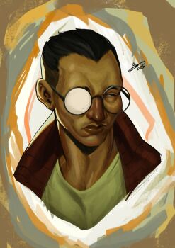 1boy aegyo_sal black_eyes black_hair buzz_cut commentary cropped_shoulders disco_elysium english_commentary facial_hair facing_viewer glasses hair_slicked_back highres jacket kim_kitsuragi looking_to_the_side male_focus mustache_stubble nurve26 one_eye_covered orange_jacket popped_collar portrait serious shirt short_hair solo stubble very_short_hair white_shirt