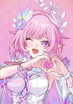 1girl ;o breasts commentary cyrene_(honkai:_star_rail) cyrene_(ripples_of_past_reverie)_(honkai:_star_rail) diamond-shaped_pupils diamond_(shape) dress flower hair_flower hair_ornament heart heart_hands honkai:_star_rail honkai_(series) large_breasts long_hair looking_at_viewer multicolored_hair one_eye_closed pink_background pink_hair purple_eyes shiba_(tonari_no_shiba_inu) solo symbol-only_commentary symbol-shaped_pupils two-tone_hair very_long_hair white_dress white_hair