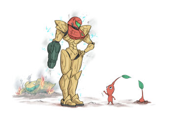 Rule 34 | 1girl, arm cannon, armor, assault visor, commentary request, dirty, fire, full armor, green visor, hand on own hip, metroid, nintendo, normal suit (metroid), pikmin (series), power suit (metroid), red pikmin, samus's gunship, samus aran, simple background, spacecraft, wakaba (wata ridley), weapon, white background