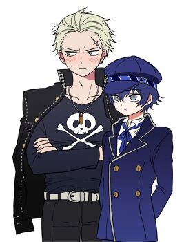 1boy 1girl androgynous arms_behind_back belt black_jacket black_pants black_shirt blonde_hair blue_coat blue_hair blue_hat blue_ribbon blush brown_eyes buttons closed_mouth coat commentary_request cowboy_shot crossed_arms double-breasted facing_to_the_side facing_viewer frown grey_eyes hair_between_eyes hair_slicked_back hat highres jacket jacket_on_shoulders jewelry long_sleeves looking_ahead looking_to_the_side necklace pants persona persona_4 reverse_trap ribbon scar scar_on_face school_uniform shirogane_naoto shirt shiryoku_kensa short_hair simple_background skull_and_crossbones skull_print sweatdrop tatsumi_kanji very_short_hair white_background white_shirt yasogami_school_uniform