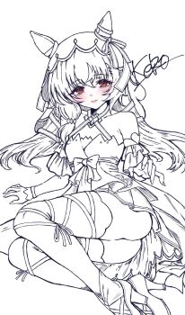 1girl animal_ears ass asymmetrical_hair bare_shoulders blush breasts brown_eyes collarbone high_heels highres horse_ears horse_girl kerotan_(belle_reinedesu) long_hair looking_at_viewer monochrome open_mouth parted_lips small_breasts smile solo spot_color still_in_love_(scarlet_vow_raiment)_(umamusume) still_in_love_(umamusume) thighhighs thighs umamusume veil