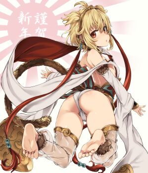 10s 1girl :o andira_(granblue_fantasy) animal_ears asanagi ass back barefoot blonde_hair blush detached_sleeves earrings erune feet female_focus from_behind full_body granblue_fantasy highres jewelry looking_at_viewer looking_back monkey_ears monkey_girl monkey_tail panties red_eyes rising_sun_flag short_hair simple_background soles solo sunburst tail thighhighs thighs toes underwear white_panties white_thighhighs wide_sleeves