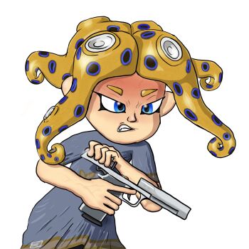 1girl angry blue_eyes blue_shirt clenched_teeth cocking_gun desert_eagle fang floral_print gun handgun highres holding holding_gun holding_weapon long_hair nintendo octoling octoling_girl octoling_player_character octopus_girl orange_hair pistol pointy_ears print_shirt shirt short_sleeves soandnb splatoon_(series) standing suction_cups teeth tentacle_hair veins weapon white_background