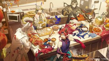 Rule 34 | 2boys, 2girls, absurdly long tail, arknights, bare shoulders, black coat, blue eyes, bracelet, brother and sister, brothers, chili pepper, chongyue (arknights), coat, colored extremities, commentary, copyright logo, copyright notice, cutting board, dragon bean (arknights), dragon boy, dragon girl, dragon horns, dragon tail, dumpling, earrings, english commentary, eyeliner, food, forked eyebrows, hair intakes, hair ornament, hair stick, highres, horns, indoors, jewelry, jiaozi, kitchen, kitchen range, lantern, logo, long hair, makeup, multicolored hair, multiple boys, multiple girls, necklace, nian (arknights), off shoulder, official art, orange eyeliner, pants, paper lantern, pearl bracelet, pointy ears, ponytail, red eyes, shirt, shu (arknights), siblings, sisters, sleeveless, sleeveless shirt, strapless, streaked hair, tail, tassel, tassel earrings, tube top, twice cooked pork, white coat, white pants, white tube top, wushier, yu (arknights)