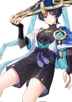 1boy anemo_symbol_(genshin_impact) aqua_gemstone aqua_kimono aqua_sleeves arm_at_side armor belt black_belt black_bodysuit black_bow black_hair black_shorts blue_cape blue_hat blunt_ends bodysuit bow bridal_gauntlets bright_pupils cape closed_mouth clothing_cutout covered_collarbone cowboy_shot curled_fingers eyeliner eyeshadow feathers from_below furisode gem genshin_impact gold gold_ring grey_bridal_gauntlets hakama hakama_shorts hat highres hip_vent japanese_armor japanese_clothes jingasa juban kimono kote kurokote layered_sleeves looking_at_viewer makeup male_focus mandarin_collar middle_ring open_clothes open_hand open_kimono pectorals pleated_shorts pom_pom_(clothes) purinigax purple_eyes purple_rope purple_sash red_eyeliner red_eyeshadow rope sash scaramouche_(genshin_impact) short_sleeves shorts shoulder_peek solo tassel tilted_headwear toned toned_male tsurime uneven_eyes vision_(genshin_impact) wanderer_(genshin_impact) white_background white_kimono white_pupils white_sleeves white_trim wispy_bangs yellow_feathers