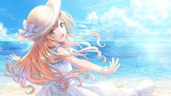 1girl aged_down arisugawa_natsuha beach bracelet cloud dress game_cg grey_eyes hat idolmaster idolmaster_shiny_colors idolmaster_shiny_colors_song_for_prism jewelry official_art open_mouth orange_hair solo water