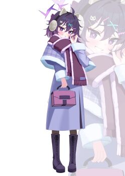 1girl 82jhin absurdres alternate_costume animal_ears bag blue_archive boots cat_ears cat_hair_ornament checkered_shawl commentary_request dress earmuffs fake_animal_ears full-body_cast fur-trimmed_shawl fur-trimmed_sleeves fur_trim grin hair_between_eyes hair_ornament hairclip halo handbag haruka_(blue_archive) highres holding holding_bag holding_own_hair lace-up_boots looking_at_viewer purple_boots purple_dress purple_eyes purple_hair purple_halo purple_shawl red_scarf scarf shawl smile solo winter_clothes zoom_layer
