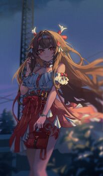 1girl :3 absurdres animal_ear_fluff animal_ears armband bag bare_shoulders blurry blurry_background bracelet breasts brown_hair cleavage closed_mouth commentary_request cowboy_shot cross-laced_clothes cross-laced_top droopy_ears floating_hair fr-ee-dom frilled_armband frilled_shirt frilled_shirt_collar frills hairband hand_in_own_hair high-waist_skirt highres holding holding_bag jewelry large_breasts leg_tattoo long_hair looking_at_viewer multicolored_hairband official_alternate_costume outdoors red_bag red_eyes red_hairband red_skirt shirt skirt smile solo tattoo very_long_hair white_armband white_hairband white_shirt ye_shunguang ye_shunguang_(touch_of_dawnlight) zenless_zone_zero