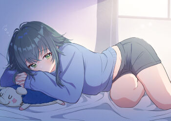 1girl antenna_hair black_shorts blue_sweater blush commentary_request gakuen_idolmaster green_eyes green_hair head_on_arm head_on_hand idolmaster long_hair long_sleeves looking_at_viewer lying on_side sasaki_(glass1138) short_shorts shorts solo squeans sweater tsukimura_temari