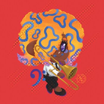 Rule 34 | 1girl, artsy raimuu, black necktie, black pants, black shoes, cephalopod eyes, chibi, collared shirt, dark-skinned female, dark skin, hair over one eye, halftone, highres, holding, holding instrument, holding trombone, instrument, long sleeves, looking at viewer, necktie, nintendo, octoling, orange hair, pants, patterned hair, purple eyes, red background, shirt, shoes, smile, solo, splatoon (series), splatoon 3, tao blu, tentacle hair, trombone, white shirt