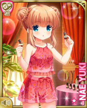 1girl :o bare_shoulders blue_eyes blush bow brown_hair card_(medium) character_name girlfriend_(kari) hair_bow indoors legs long_hair looking_at_viewer midriff official_art open_mouth qp:flapper red_shirt red_shorts ribbon shirt shorts solo spa standing thigh_gap thighs two_side_up yuki_nae