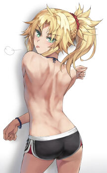 1girl :p ass back black_shorts blonde_hair blush braid breasts butt_crack commentary dolphin_shorts fate/apocrypha fate_(series) green_eyes half_up_braid highres long_hair looking_at_viewer looking_back mordred_(fate) mordred_(fate/apocrypha) parted_bangs ponytail puff_of_air revision short_shorts shorts shoulder_blades sidelocks small_breasts solo thighs toned toned_back tonee tongue tongue_out topless_female v-shaped_eyebrows