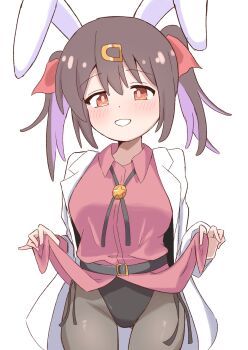 1girl adapted_costume animal_ears belt black_hair black_leotard bolo_tie breasts brown_eyes commentary cowboy_shot grin hair_ornament hair_ribbon hairclip highres lab_coat leotard light_blush long_hair looking_at_viewer medium_breasts multicolored_hair no_pants nontraditional_playboy_bunny onii-chan_wa_oshimai! oyama_mihari pantyhose purple_hair rabbit_ears red_ribbon red_shirt riannn_desu ribbon shirt side-tie_leotard simple_background smile solo twintails two-tone_hair white_background