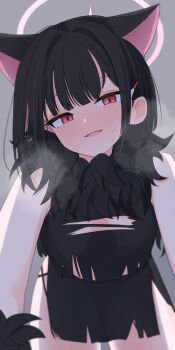 1girl :d absurdres aikawa_yuduki all_fours animal_ears bare_shoulders black_hair black_skirt blue_archive blunt_bangs blurry blush breasts breath cat_ears cat_girl colored_inner_hair come_hither commentary_request depth_of_field extra_ears fur_scarf grey_background hair_behind_ear hair_intakes hair_ornament hairclip halloween_costume halo highres kazusa_(blue_archive) kazusa_(halloween)_(blue_archive) looking_at_viewer medium_breasts medium_hair multicolored_hair official_alternate_costume open_mouth pink_hair pink_halo pov red_eyes simple_background skirt smile solo straight-on straight_hair tsurime two-tone_hair werewolf_costume