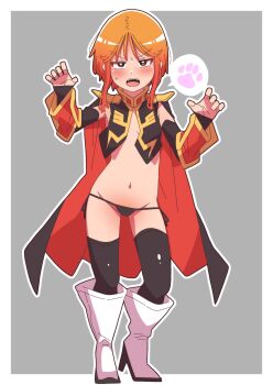 1girl absurdres black_cape black_panties boots border breasts bridal_gauntlets cape commentary_request full_body grey_background groin gundam gundam_zz highres light_blush looking_at_viewer navel neo_zeon no_bra onimaru_(onimal7802) orange_hair panties paw_pose puru_two red_cape science_fiction short_hair shoulder_pads small_breasts solo spoken_paw_print standing two-sided_cape two-sided_fabric underwear white_boots white_border